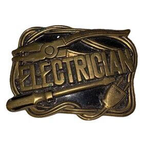 Vtg 1980 Baron Solid Brass Electrician Electrical Workers Belt Buckle Sparky